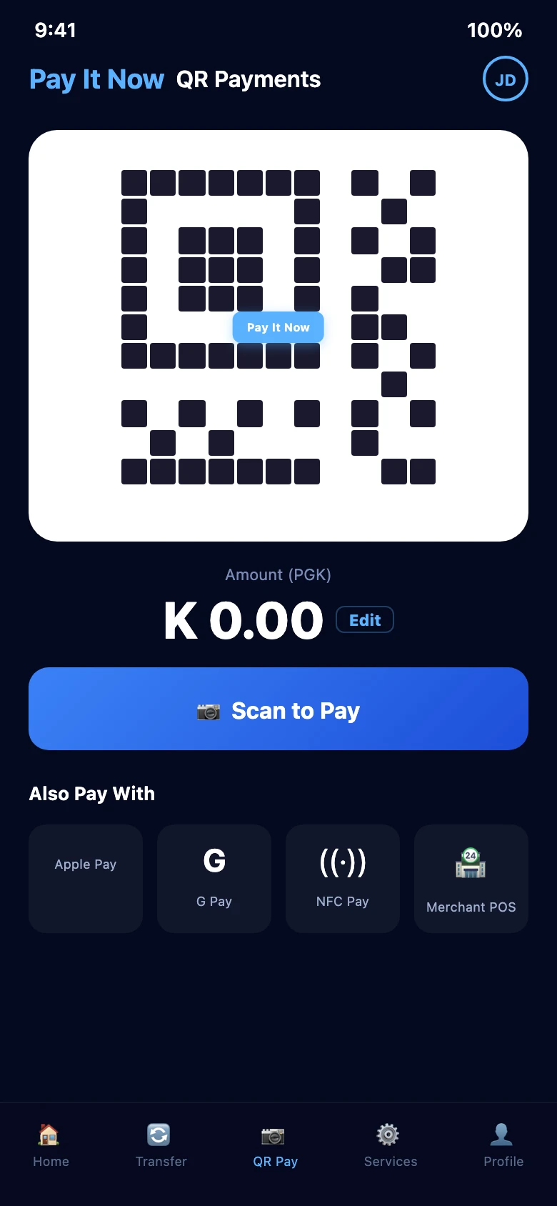 PIN QR Payments screen