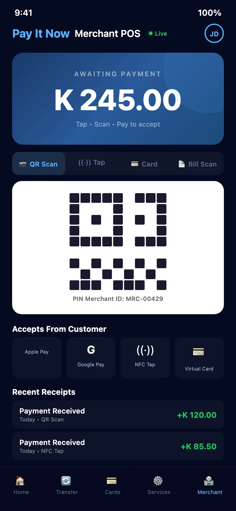 PIN Merchant POS screen